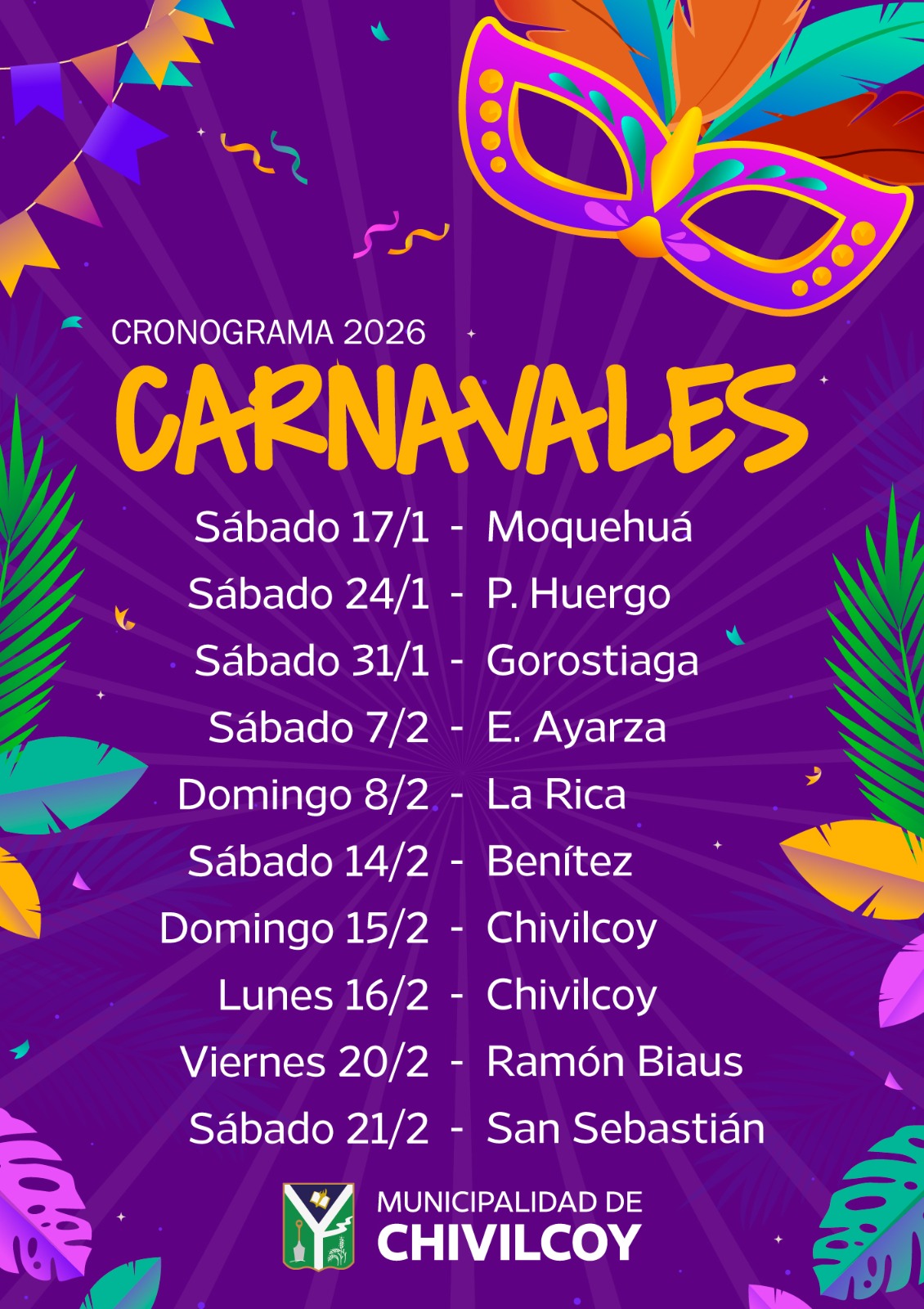 Anuncio de cronogramas de los carnavales 2026 tanto de Chivilcoy como de las localidades de campaña