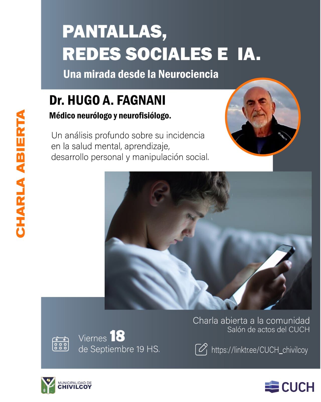 El CUCH será sede de una charla abierta sobre pantallas, redes sociales e inteligencia artificial desde la mirada de la neurociencia.